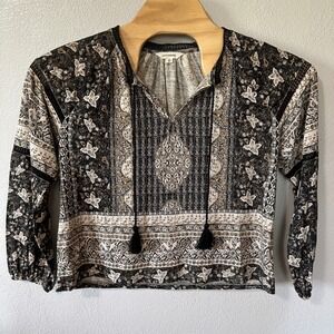 Lucky Brand Black Beige Peasant Top‎ Blouse Long Sleeve Boho Womens Size Medium